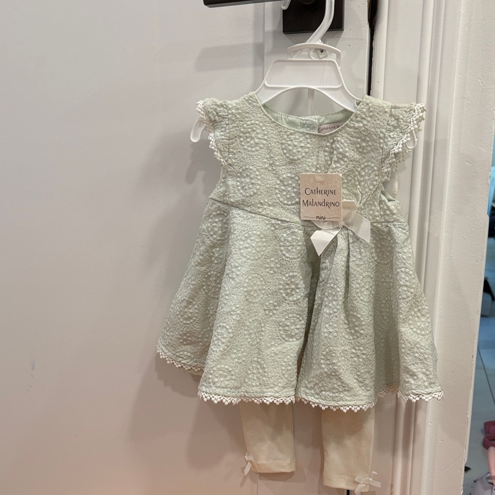 Catherine Malandrino Lace Baby Dress Set in Light Green and Cream